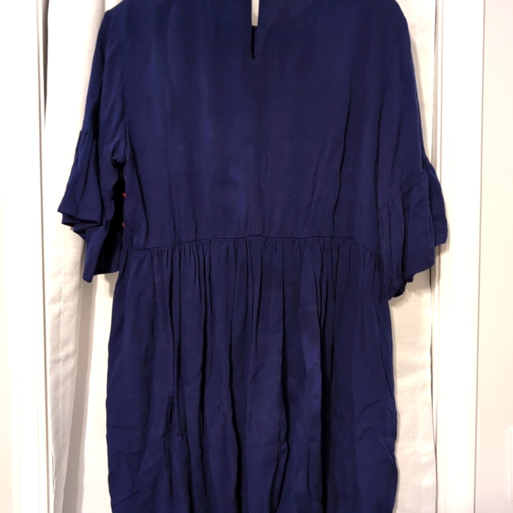 Kirundo Navy Embroidered Floral Dress Bell Sleeves Large‎ Boho Y2K Hippie - Picture 4 of 8